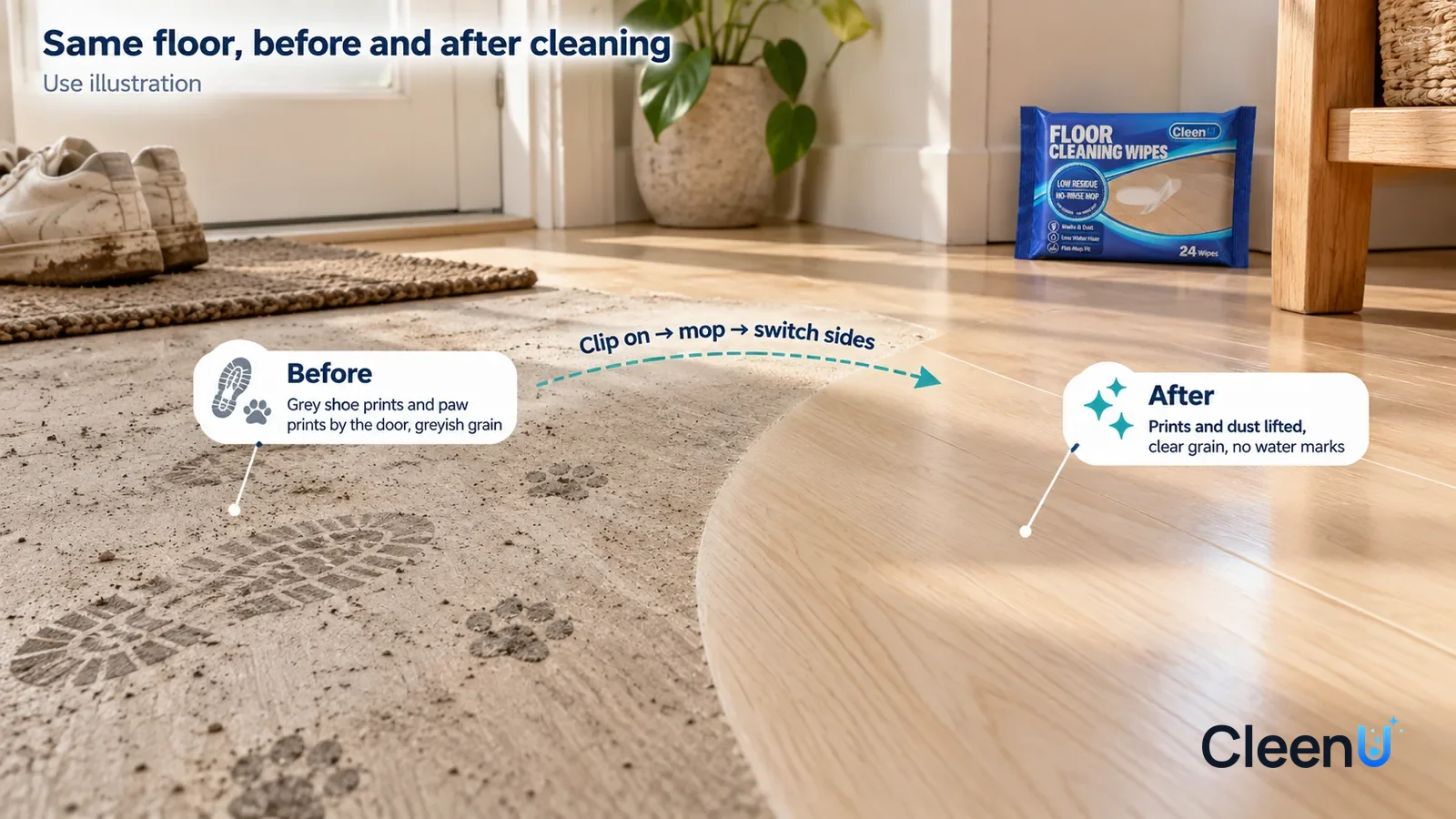 Illustration: CleenU Floor Cleaning Wipes — A full-screen low-angle close-up of light laminate flooring in the same raking light: the untreated side has grey shoe prints