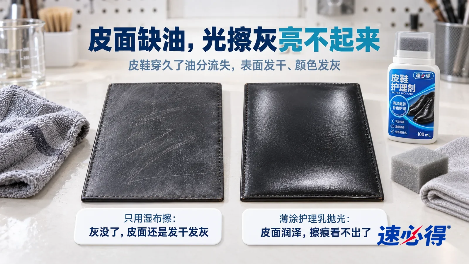 示意图：速必得皮鞋护理剂——白色测试台上并排放着两块同样的黑色光面皮革样片，都发干发灰、带着几道浅色细擦痕，标题“皮面缺油，光擦灰亮不起来”