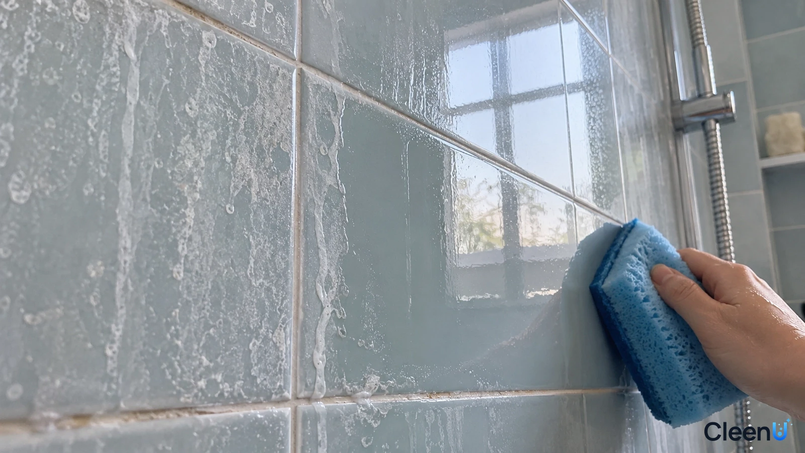 Illustration: A hand wiping wall tiles with white scale marks using a blue cloth.
