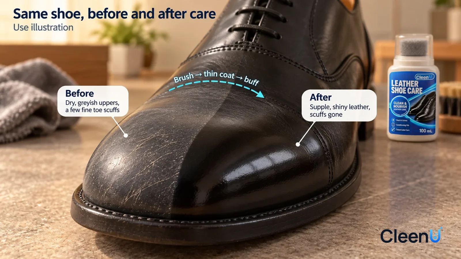 Illustration: CleenU Leather Shoe Care — A full-screen low-angle close-up of a black polished leather shoe toe in the same raking light: the untreated side is dry and greyish with a