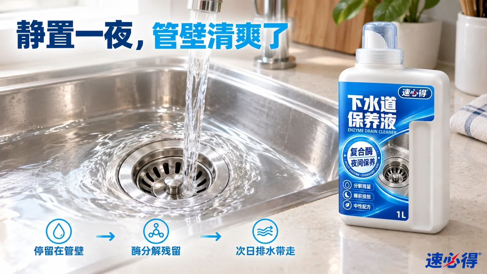 示意图：水流注入厨房不锈钢水槽排水口，旁有白色清洁剂瓶。