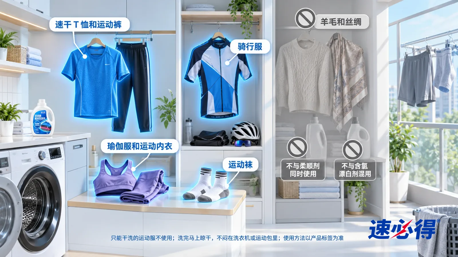 示意图:速必得运动服除味洗涤剂——一张写实 3D 剖面实景图,一套明亮的家的洗衣间、卧室和阳台区域,连续空间、一个视角,不出现瓶子