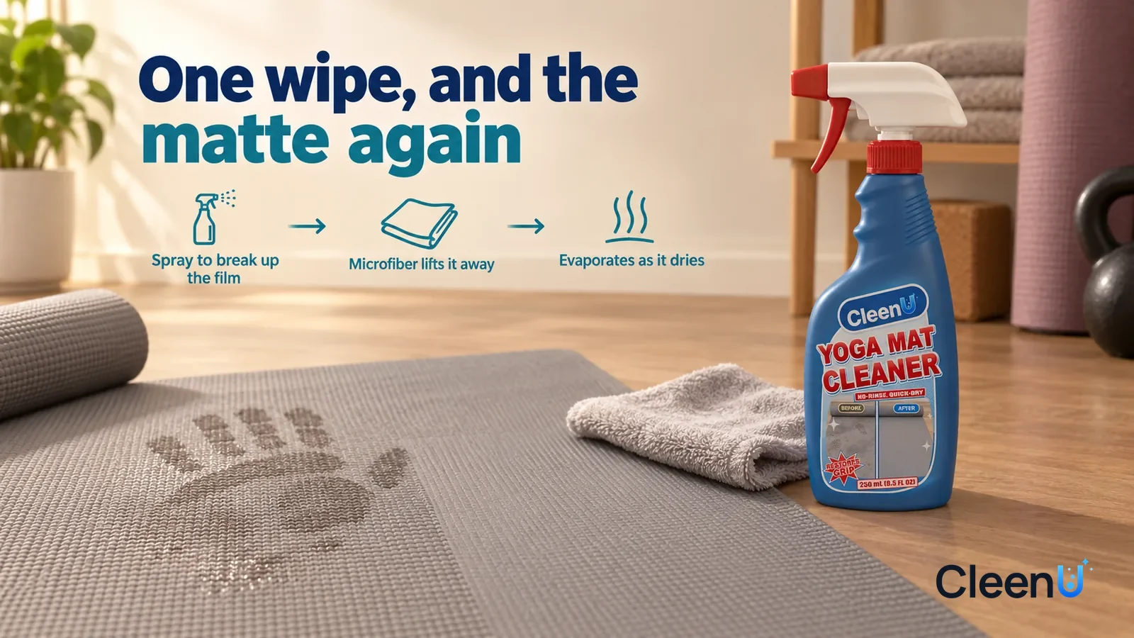 Illustration: CleenU Yoga Mat Cleaner — a light grey microfiber cloth has just wiped one strip, the wiped area an even matte with clear grip texture