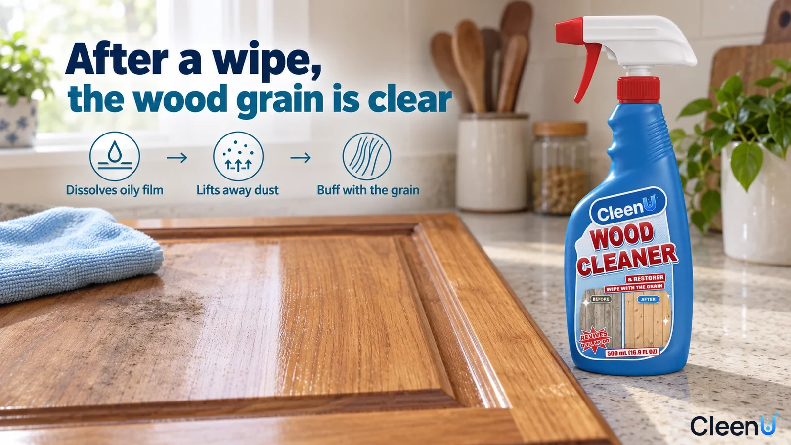 Illustration: Darker and lighter wood-grain areas on a cabinet panel beside a blue cloth and bottle.