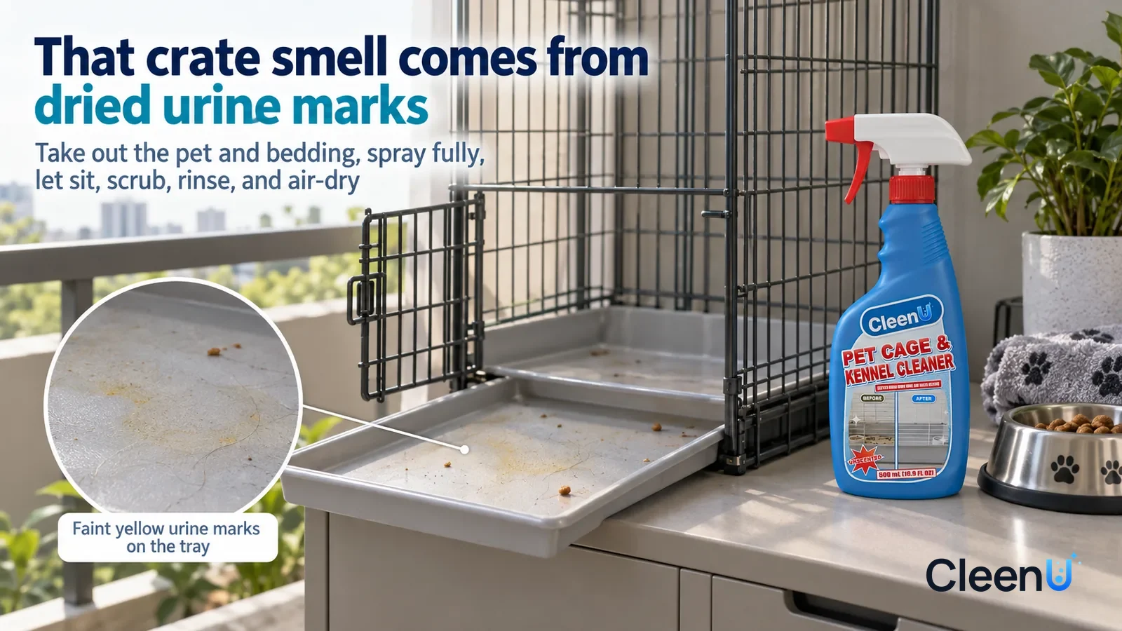 Illustration: CleenU Pet Cage & Kennel Cleaner — A tidy balcony, a medium dog crate with its door open, the bed already taken out Headline: "That crate smell comes from dried urine marks"