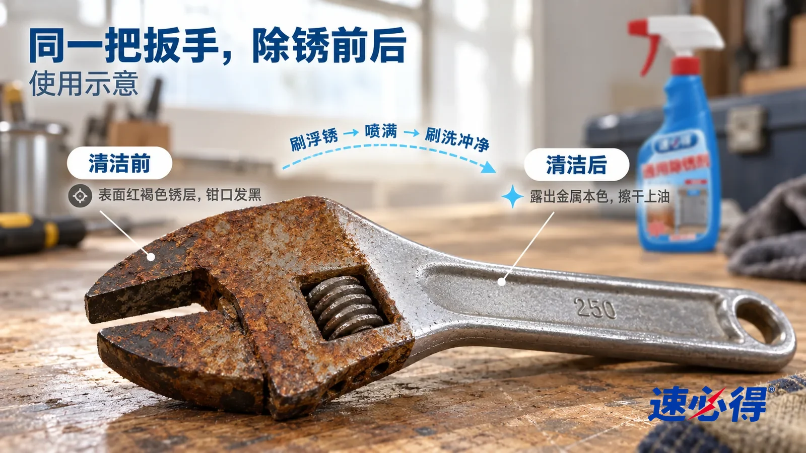 示意图:速必得通用除锈剂——整屏一把钢制活动扳手平放在木质工作台上的低角度大近景,同一侧光,不出现瓶子:没处理的一半布满红褐色锈层