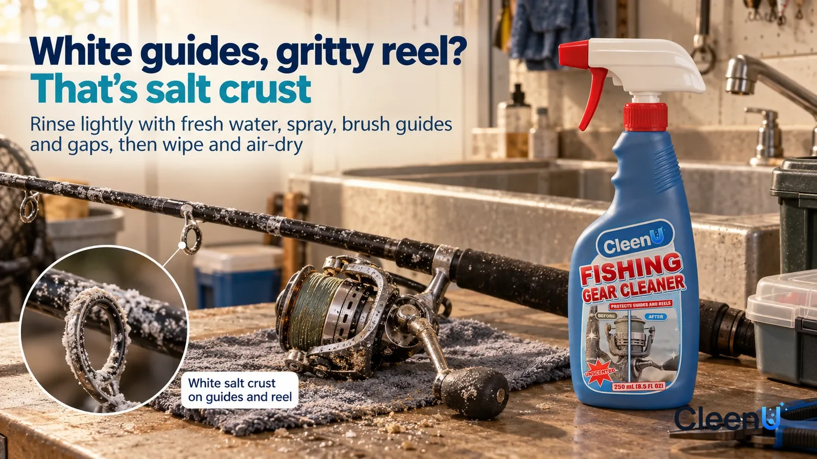 Illustration: CleenU Fishing Gear Cleaner — A home garage after a saltwater trip, a collapsed carbon spinning rod leaning by the utility sink Headline: "White guides, gritty reel? That's salt crust"