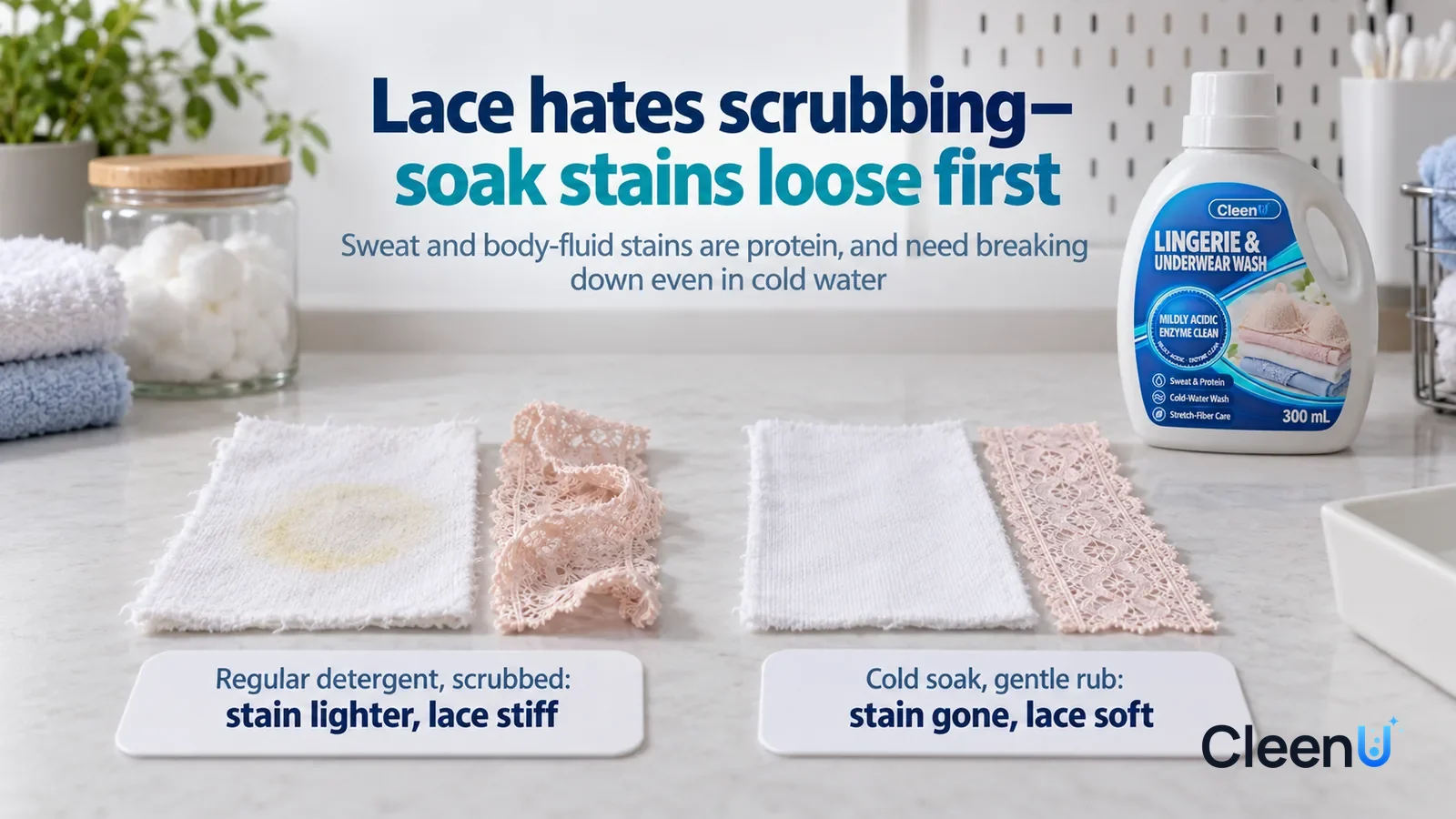 Illustration: CleenU Lingerie & Underwear Wash — A landscape medium close-up of a small experiment in a laundry lab: two identical sets laid flat side by side on a white test bench Headline: "Lace hat