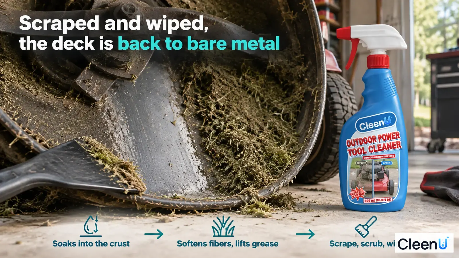 Illustration: A scraper removing caked grass and mud inside a mower deck beside a blue cleaner bottle.