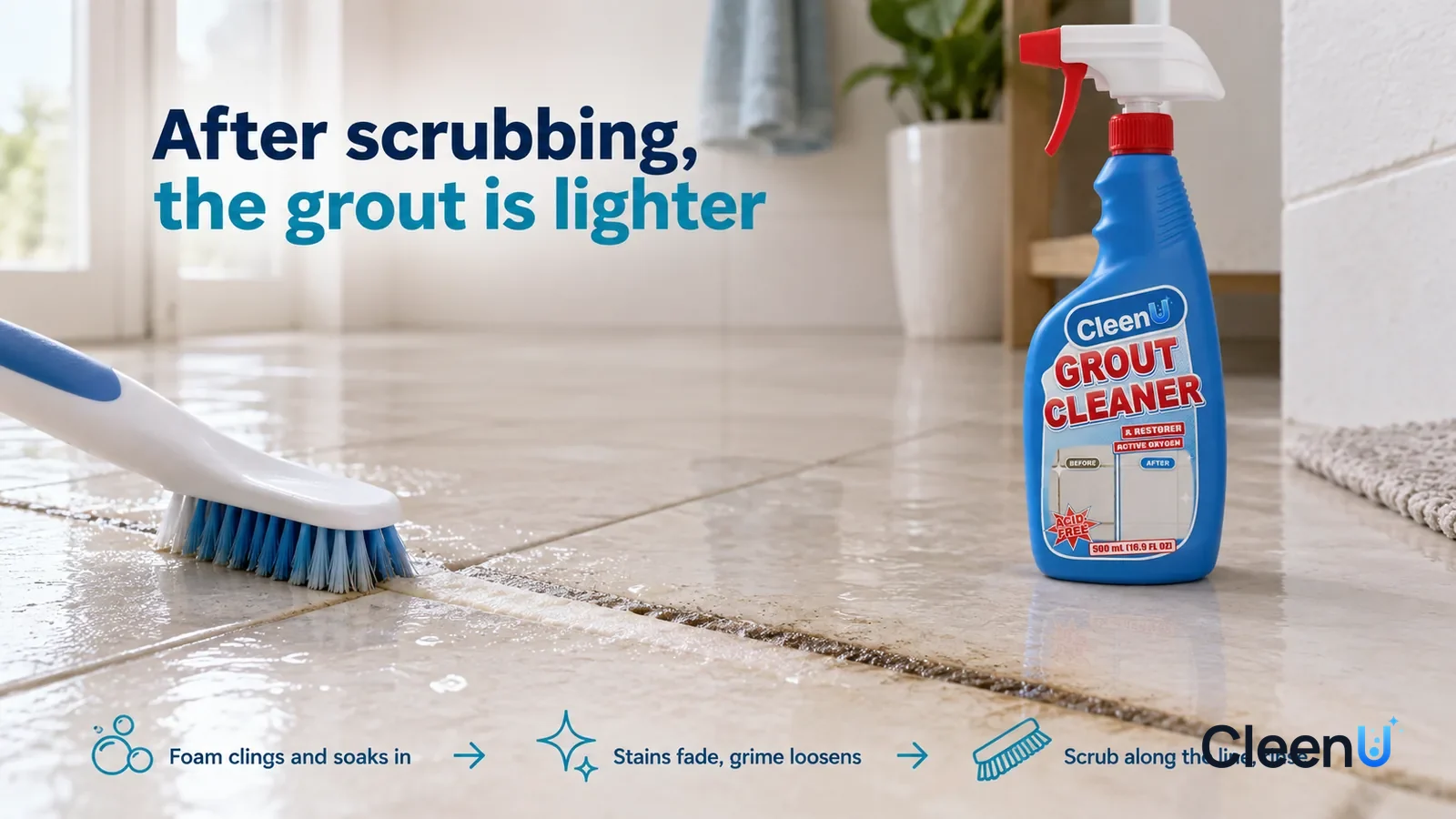 Illustration: CleenU Grout Cleaner & Restorer — a slim grout brush has just scrubbed along a stretch of joint, the scrubbed grout lighter and even, clean water running along the line