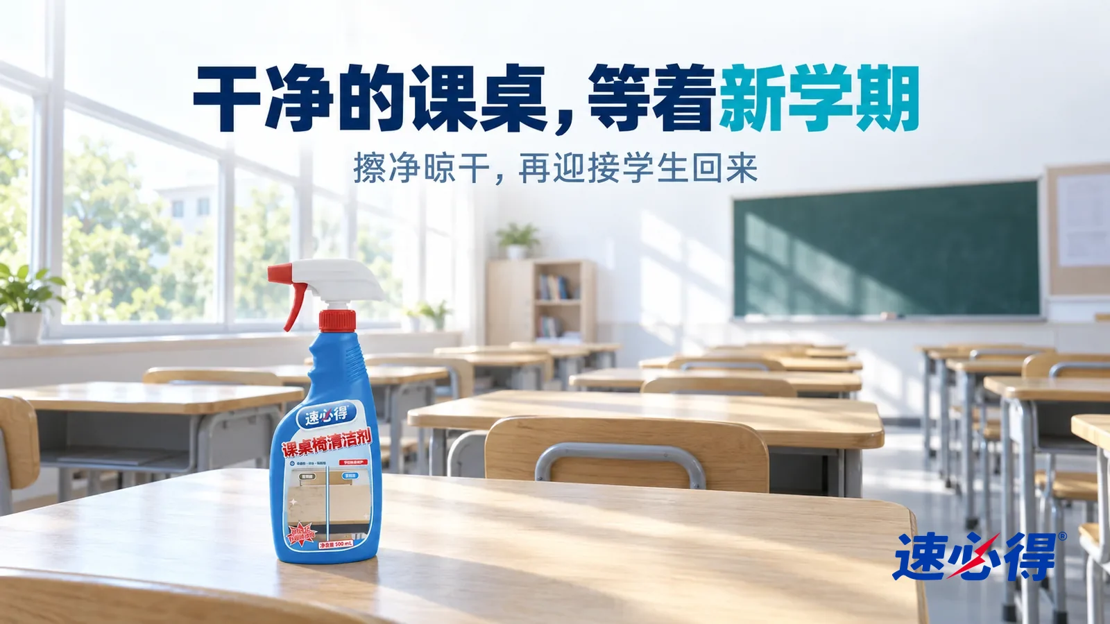 示意图：速必得课桌椅清洁剂——清晨明亮的空教室，一排排干净的浅木纹课桌和椅子摆放整齐，阳光从窗户斜照在桌面上，窗外一抹绿树，标题“干净的课桌，等着新学期”