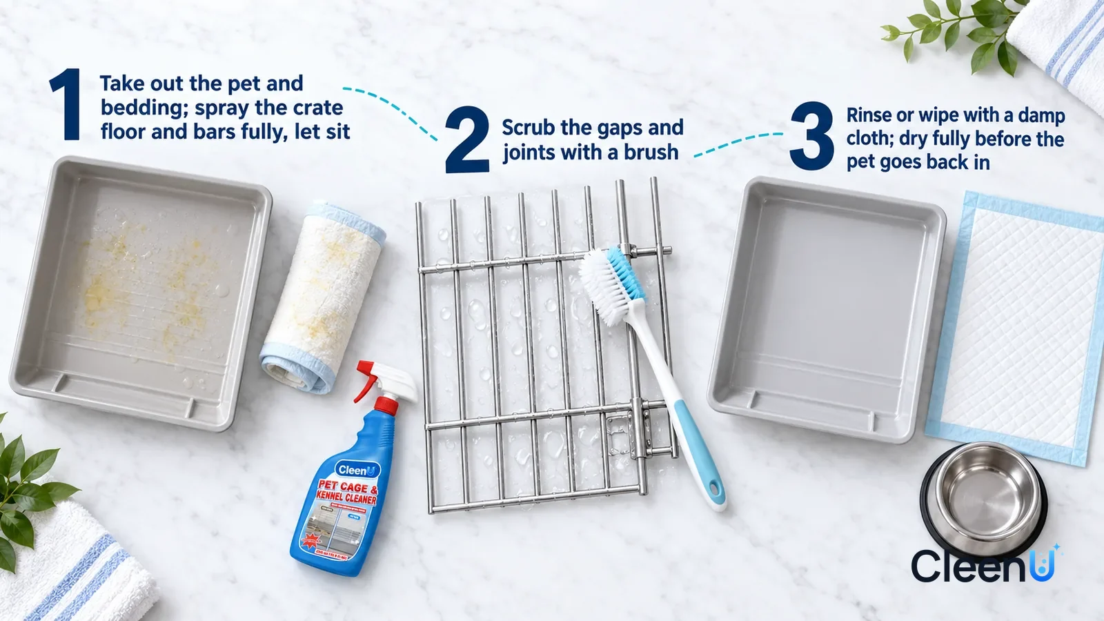 Illustration: CleenU Pet Cage & Kennel Cleaner — an overhead shot straight down onto a light marble tabletop, no hands: (1) a removed empty plastic tray with faint urine marks