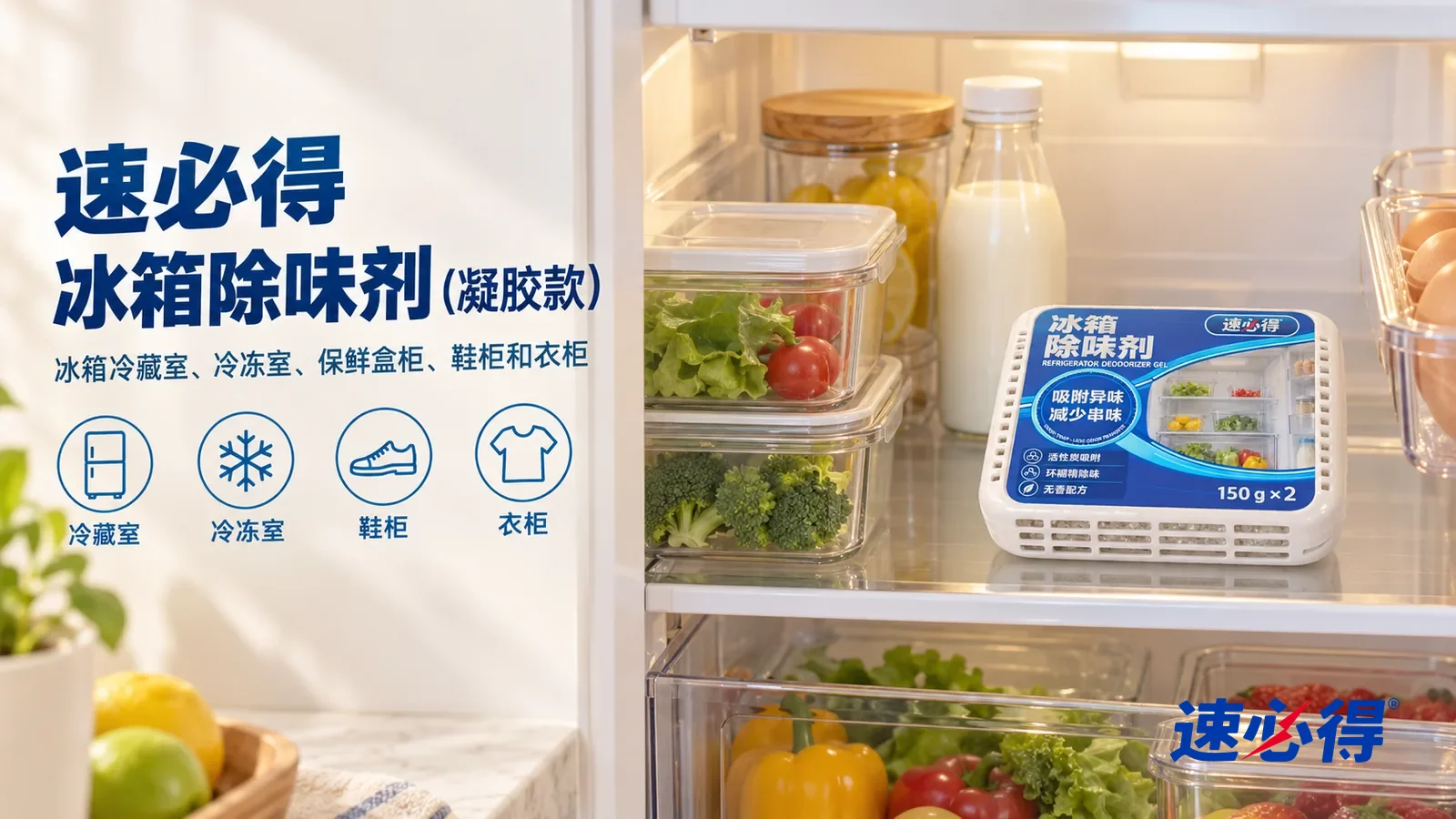 示意图：速必得冰箱除味剂（凝胶款）——一台打开门的干净冰箱（无品牌标志），冷藏室灯光柔和，隔板透亮，食物收在盖好的透明保鲜盒里，一瓶牛奶和一碟水果，产品平放在右侧中层隔板上