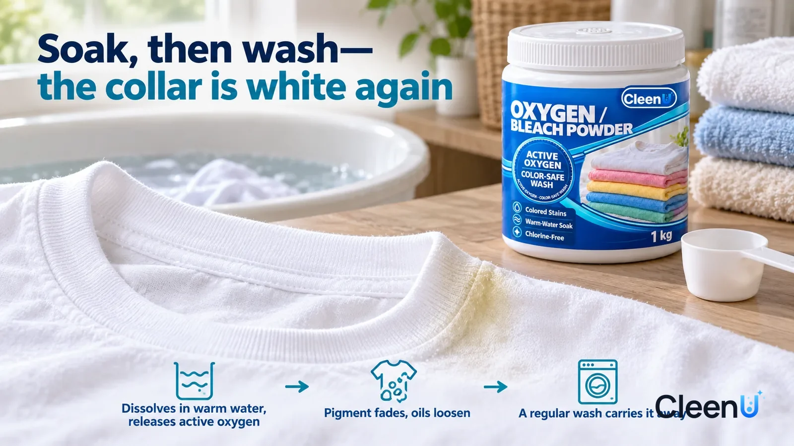 Illustration: CleenU Oxygen Bleach Powder — just lifted from warm water, the collar clean white with a crisp cotton weave, the fabric with a slight damp sheen