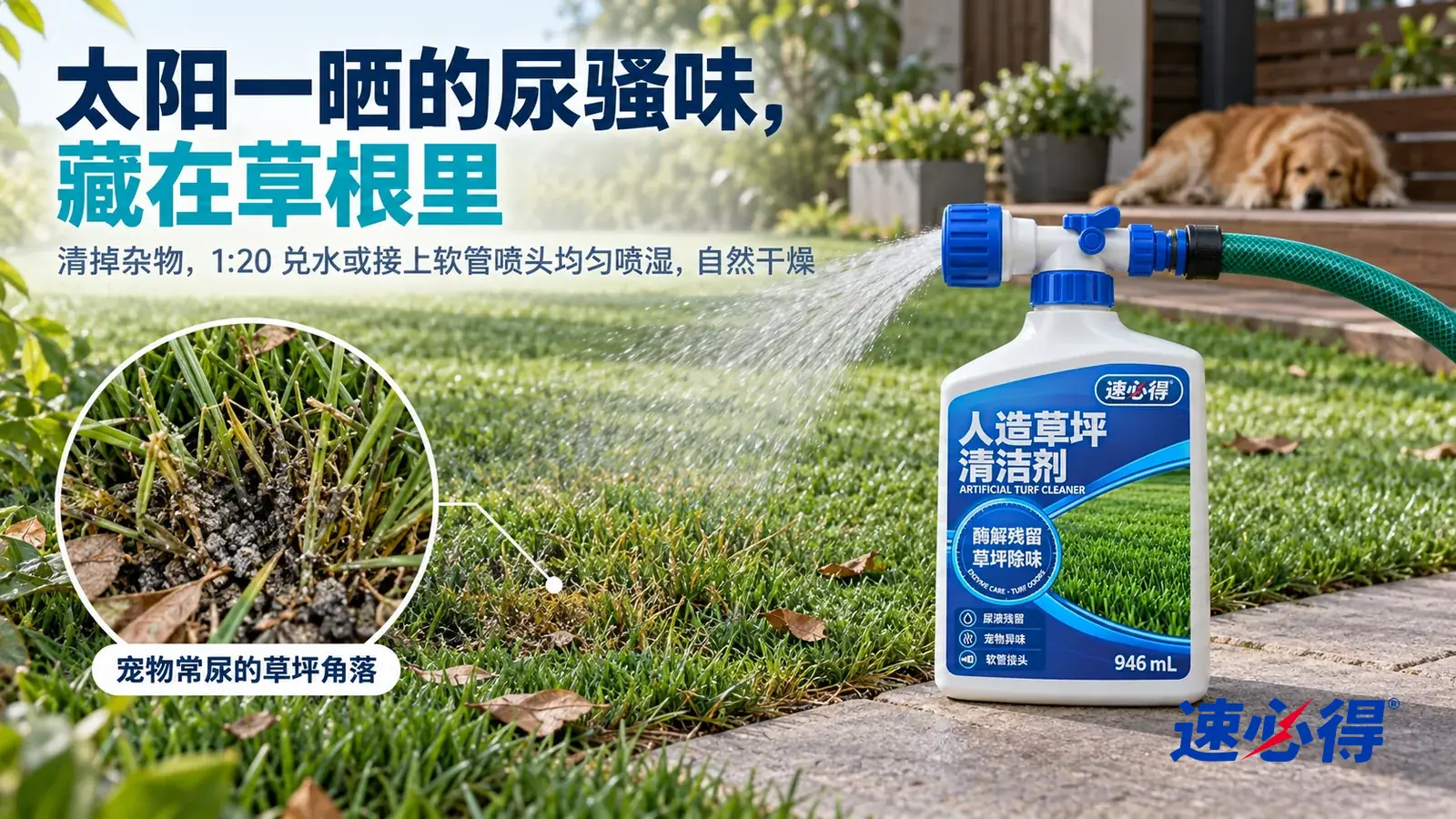 示意图:速必得人造草坪清洁剂——一个家里的后院,一片人造草坪,阳光下草坪角落一片颜色发暗、草丝打结的区域清楚可见,一只狗趴在远处木台阶的阴凉里;产品站在草坪边的石板小路上,标题“太阳一晒的尿骚味,藏在草根里”