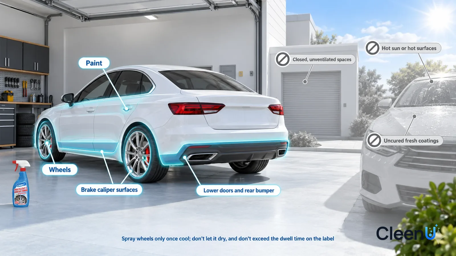 Illustration: CleenU Iron Fallout & Brake Dust Remover — A realistic 3D cutaway of a home garage and driveway, one continuous space from one viewpoint, no bottle: the paint, silver wheels