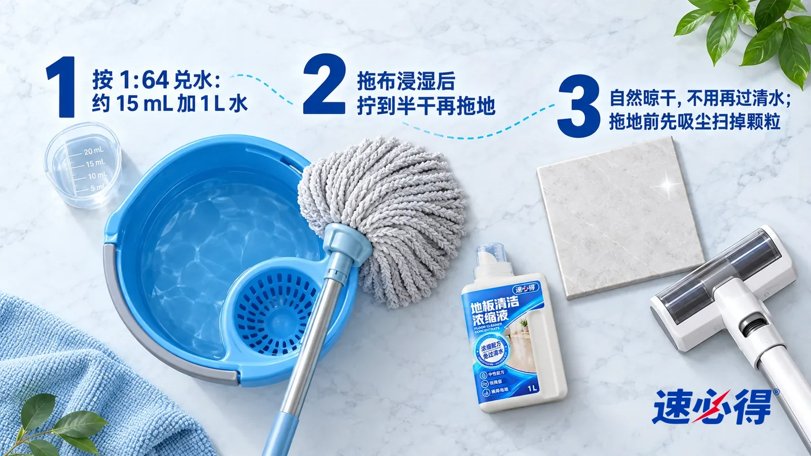 示意图:速必得地板清洁浓缩液——正上方俯拍的浅色大理石台面,不出现瓶子和手:① 一只盛着少量透明液体的小号透明量杯和一只盛着清水的蓝色拖把桶;② 一个拧到半干