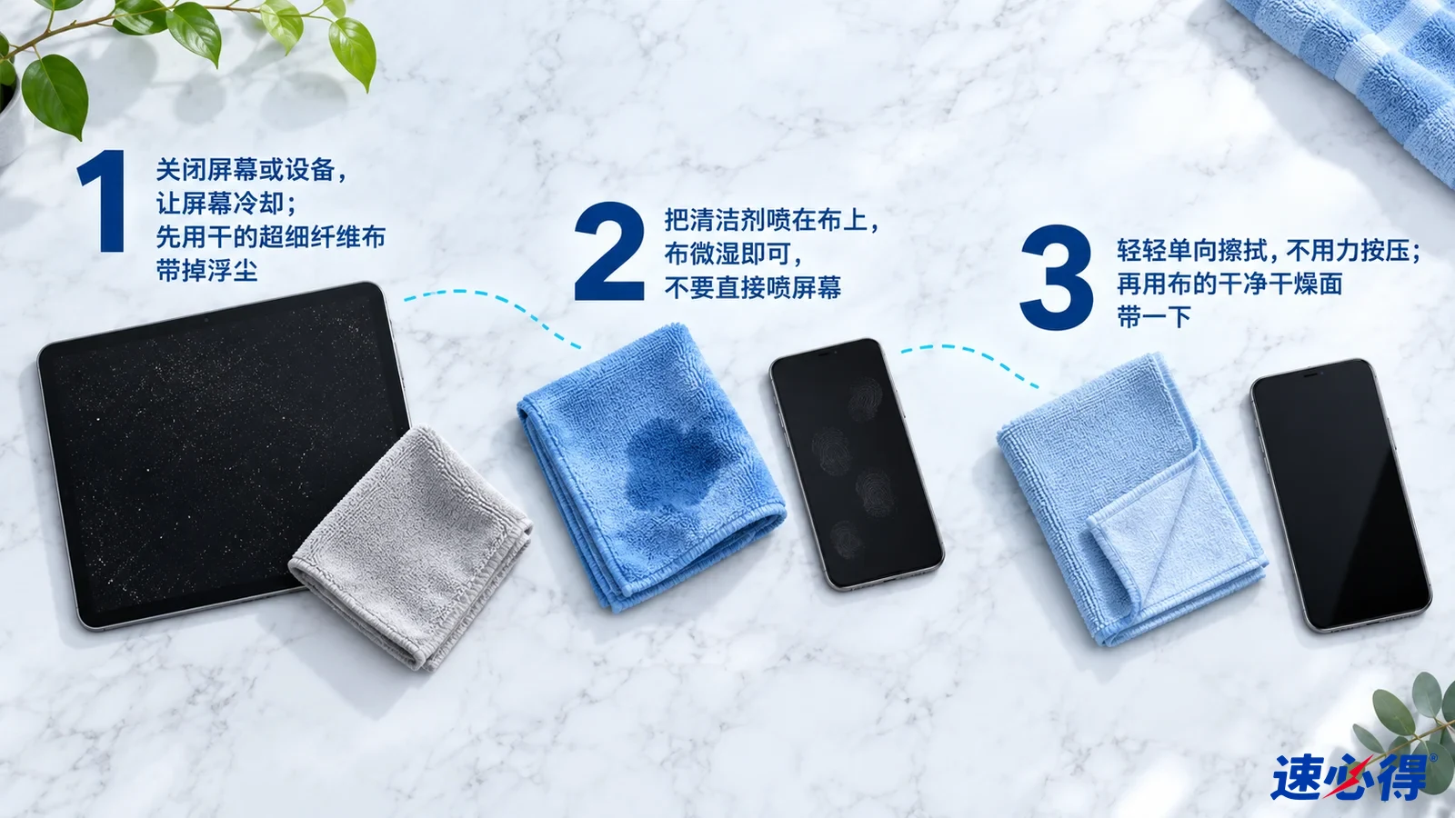 示意图：平板、手机、喷瓶及不同状态的清洁布，配有编号步骤。