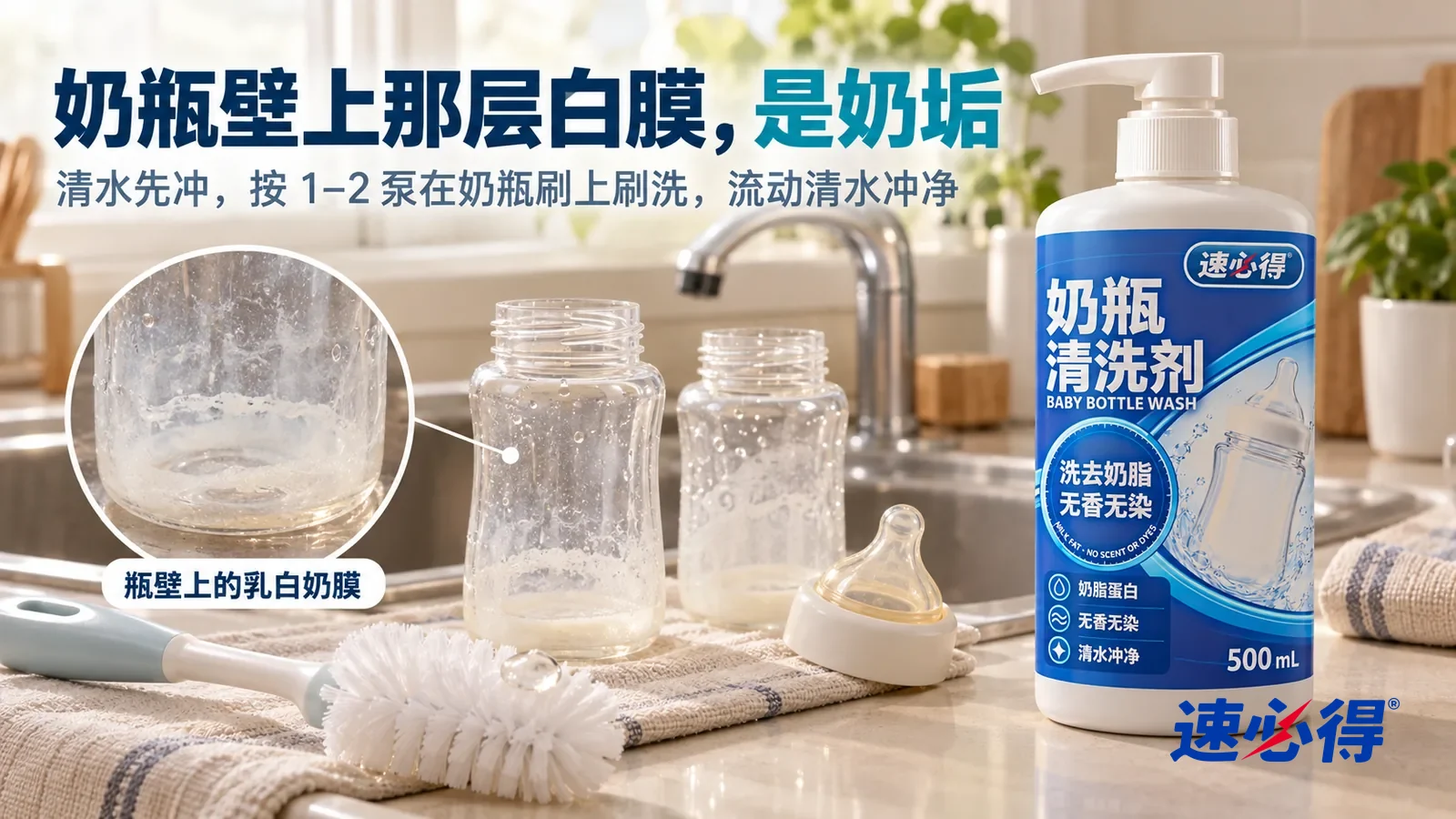 示意图:速必得奶瓶清洗剂——一个家常厨房的水槽边,两只刚用完的透明奶瓶(无品牌标志)和一只拆下的硅胶奶嘴放在台面上,标题“奶瓶壁上那层白膜,是奶垢”