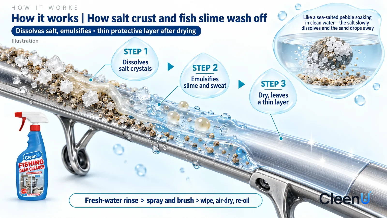 Illustration: CleenU Fishing Gear Cleaner — an enormously magnified slice of a stainless-steel guide frame runs diagonally from upper left to lower right; on the left