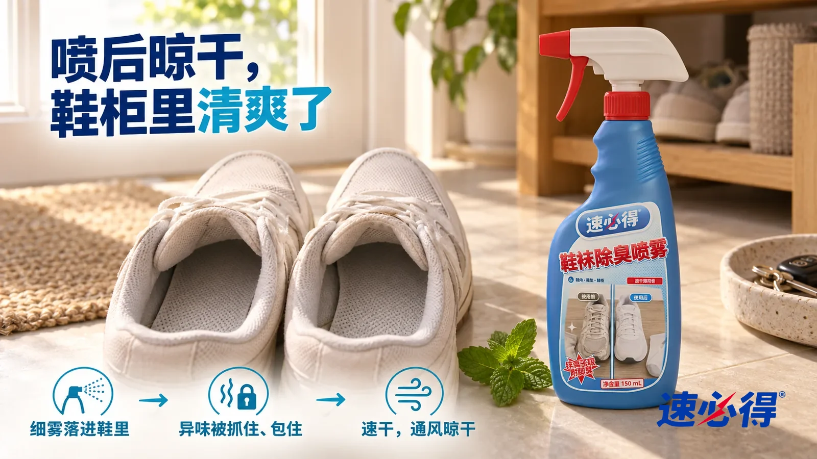 示意图：速必得鞋袜除臭喷雾——鞋垫平整干爽、颜色浅净，窗边一缕晨光照进鞋里，旁边一小枝新鲜薄荷叶