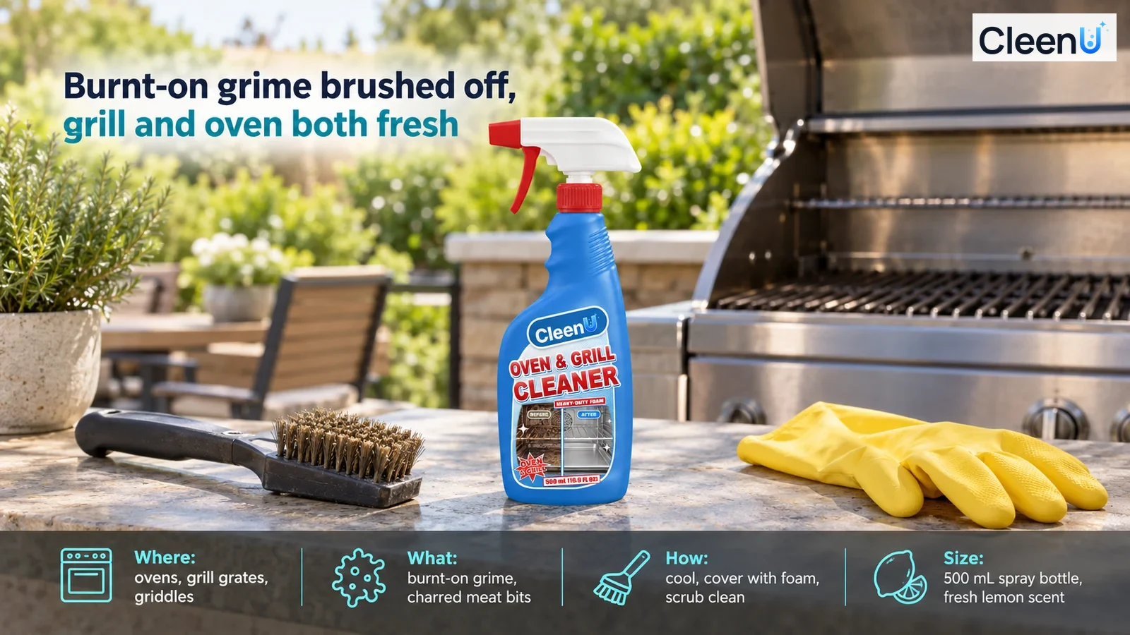 Illustration: A blue cleaner bottle, grill brush and protective gloves in front of a barbecue.
