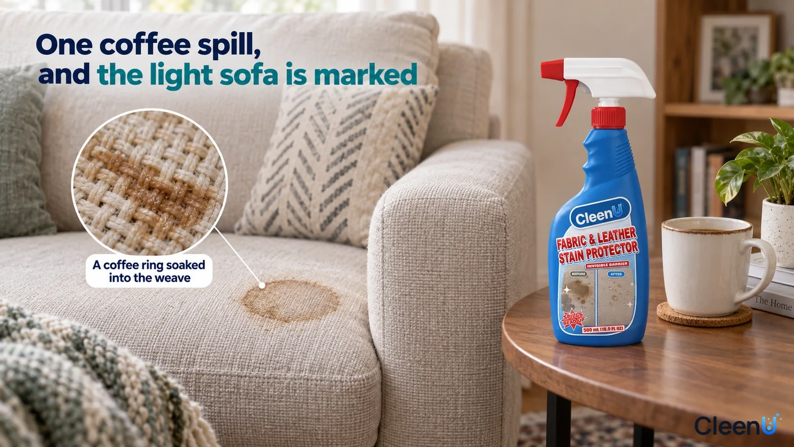 Illustration: A brown coffee stain on a light fabric sofa beside a blue fabric protector bottle.
