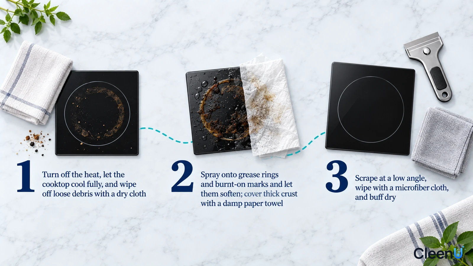 Illustration: Black cooktop samples, gray cloths, a soiled white cloth and a metal scraper with numbered steps.