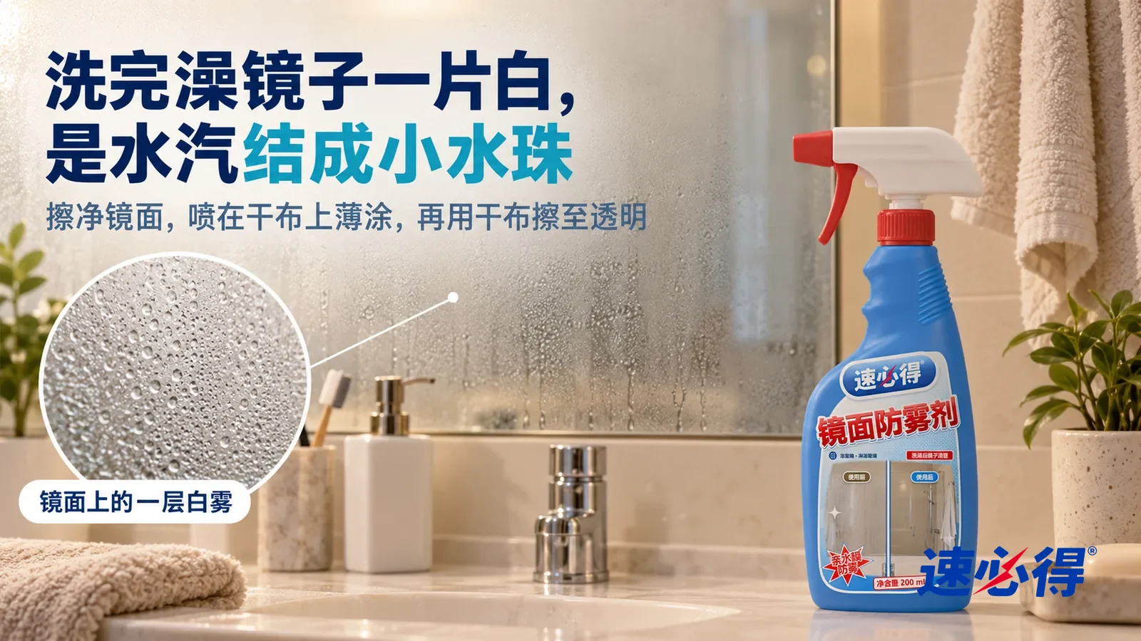 示意图：速必得镜面防雾剂——一间家常的小浴室，刚洗完热水澡，洗手台上方的浴室镜整面蒙着一层白雾、看不清倒影，镜面下沿几道细流痕，旁边挂着一条毛巾；产品站在洗手台台面上，标题“洗完澡镜子一片白，是水汽结成小水珠”