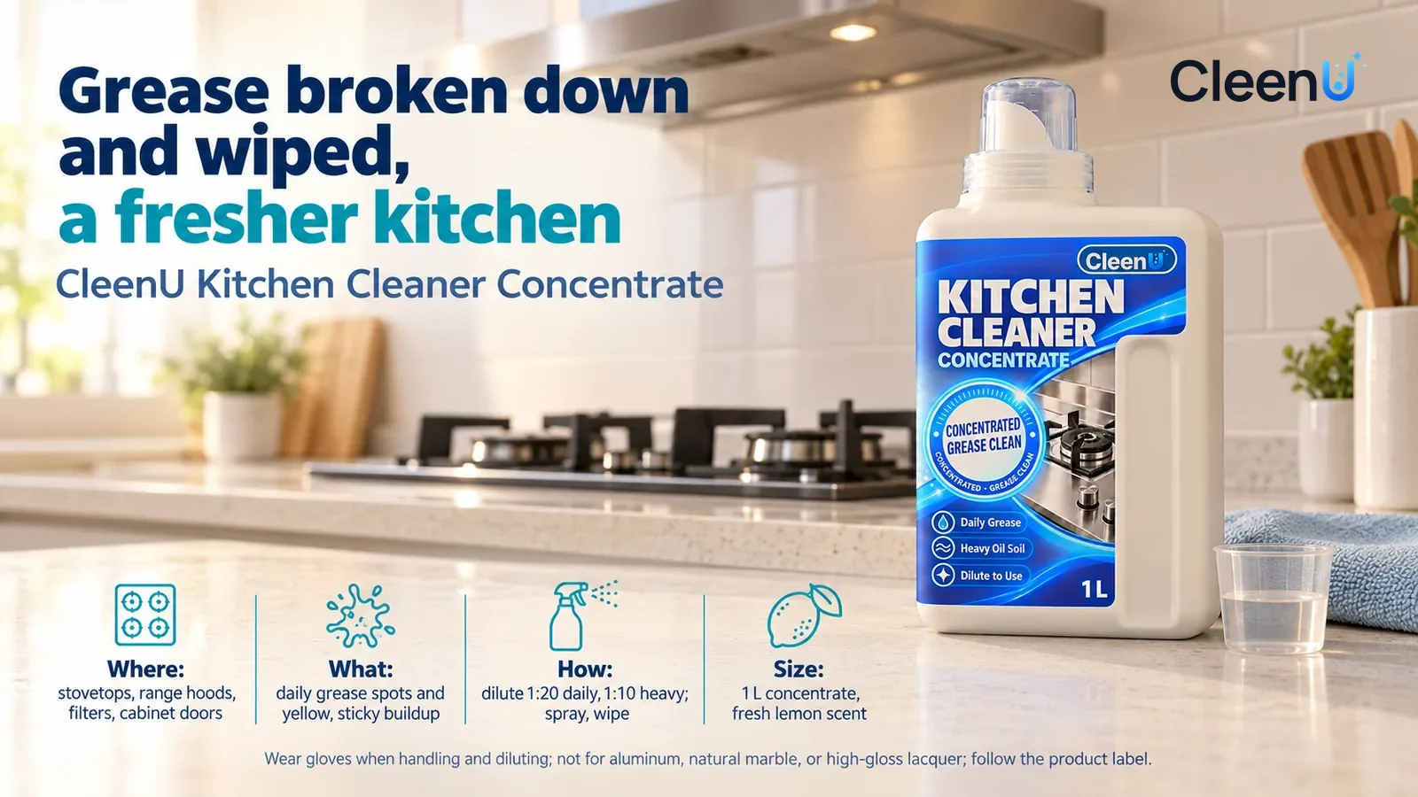 Illustration: CleenU Kitchen Cleaner Concentrate, measuring cap on, stands in the right third of the frame on the kitchen counter Headline: "Grease broken down and wiped, a fresher kitchen"