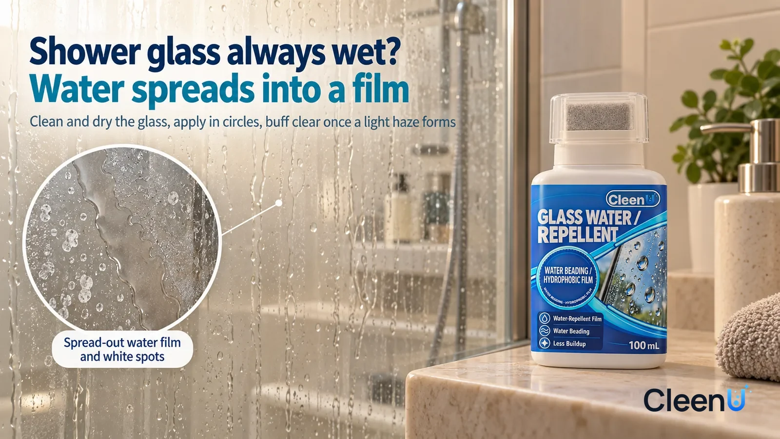 Illustration: CleenU Glass Water Repellent — A clear glass shower door in an everyday bathroom right after a shower; in raking light the water on the glass spreads into sheets running d Headline: "Sho