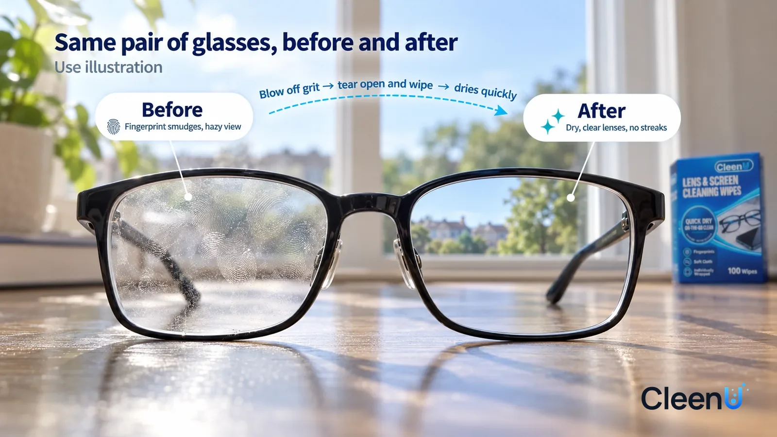 Illustration: CleenU Lens & Screen Cleaning Wipes — A full-screen low-angle close-up of a pair of black-framed glasses (no brand), lenses facing the camera, in the same window light
