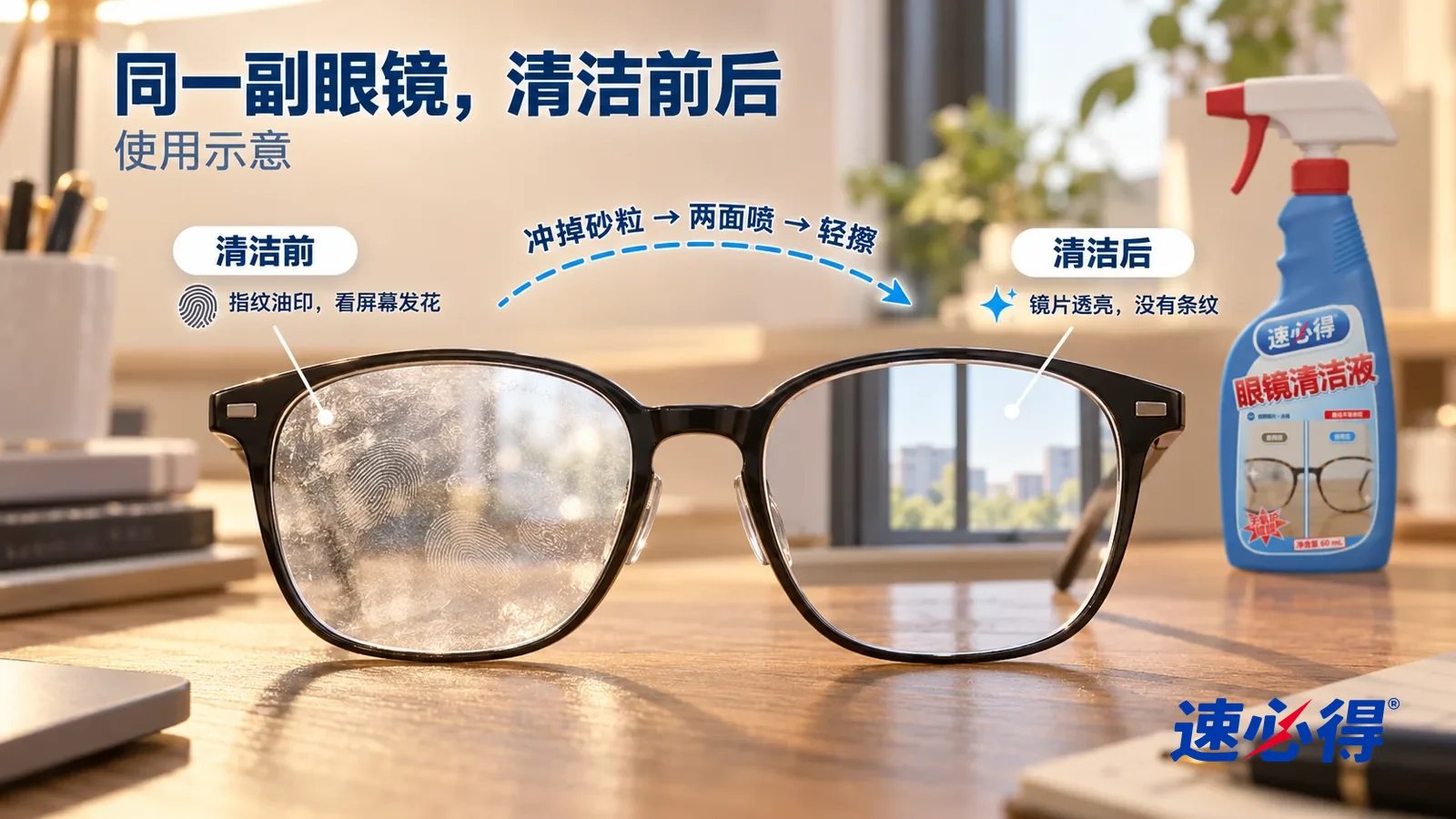 示意图:速必得眼镜清洁液——整屏一副放在木质书桌上的黑框眼镜(无品牌标志)镜片的低角度大近景,同一台灯侧光,没处理的一侧镜片布满指纹和油印