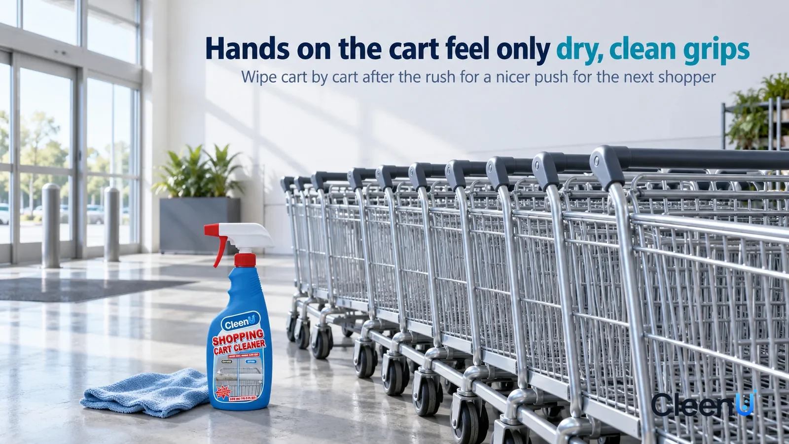 Illustration: CleenU Shopping Cart Cleaner — A supermarket entrance early in the morning before opening, no sign text anywhere Headline: "Hands on the cart feel only dry, clean grips"