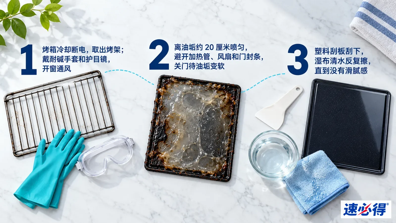 示意图：防护手套、护目镜、烤架、脏烤盘、刮刀和布，配有编号步骤。