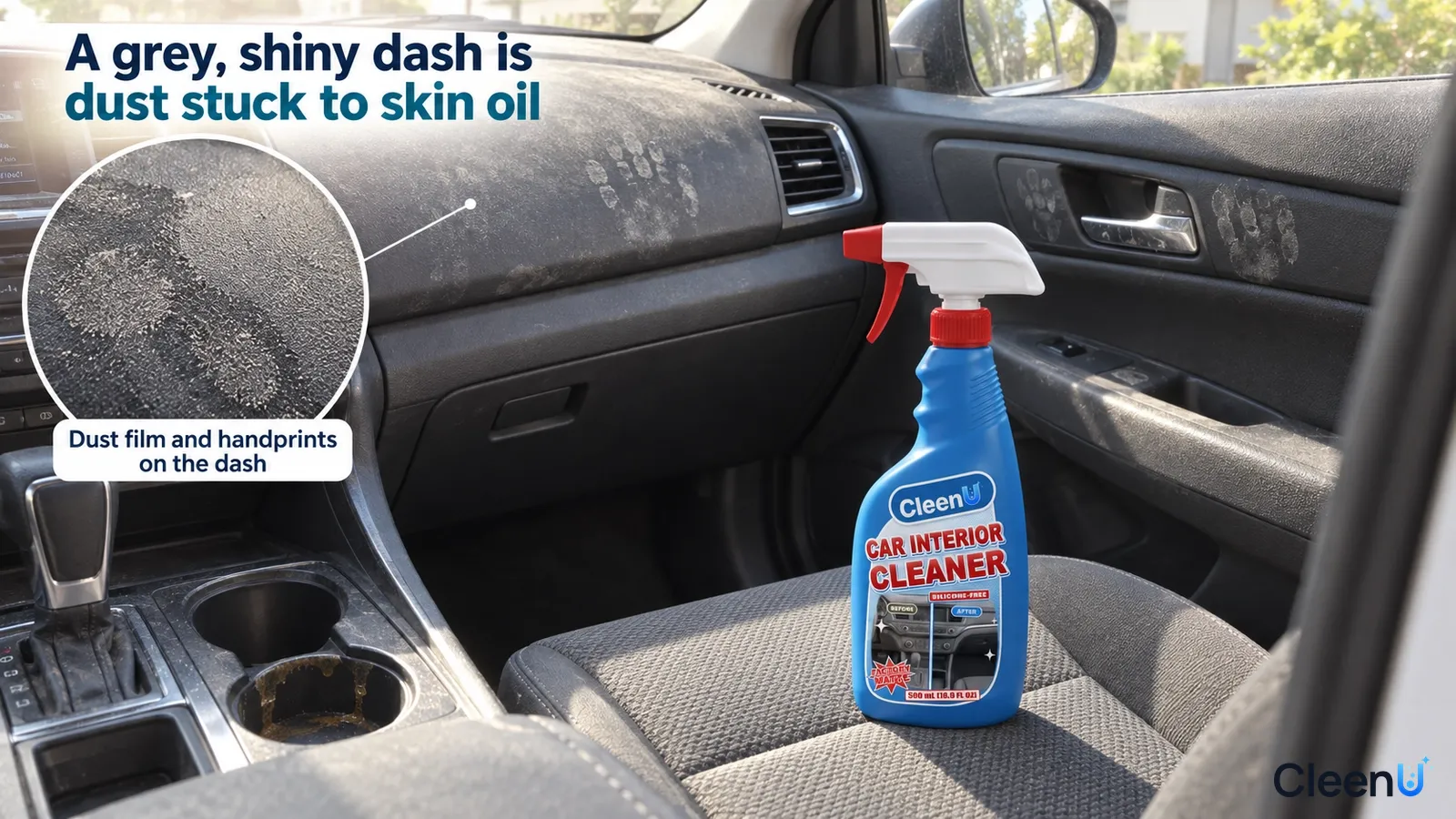 Illustration: Dust and handprints on a car dashboard with a blue cleaner bottle on a front seat.