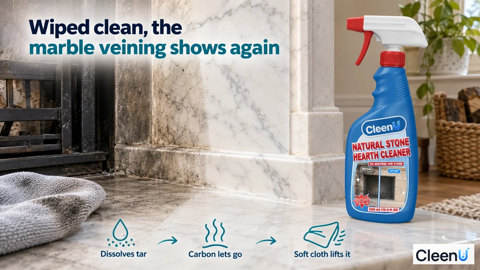 Illustration: Soot marks on a stone fireplace hearth beside a gray cloth and blue cleaner bottle.