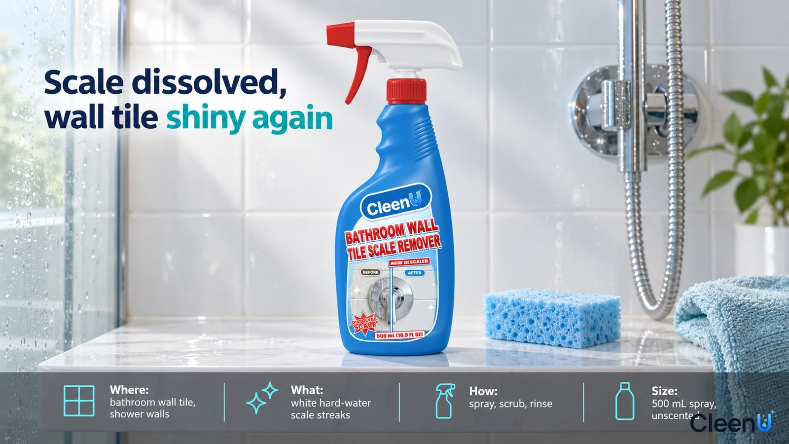 Illustration: A blue wall tile cleaner bottle, blue sponge and towel beside a shower wall.