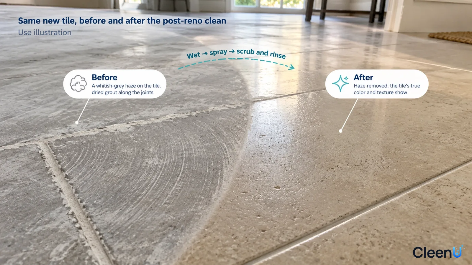 Illustration: Cement haze and a clearer tile area; not a measured cleaning test.