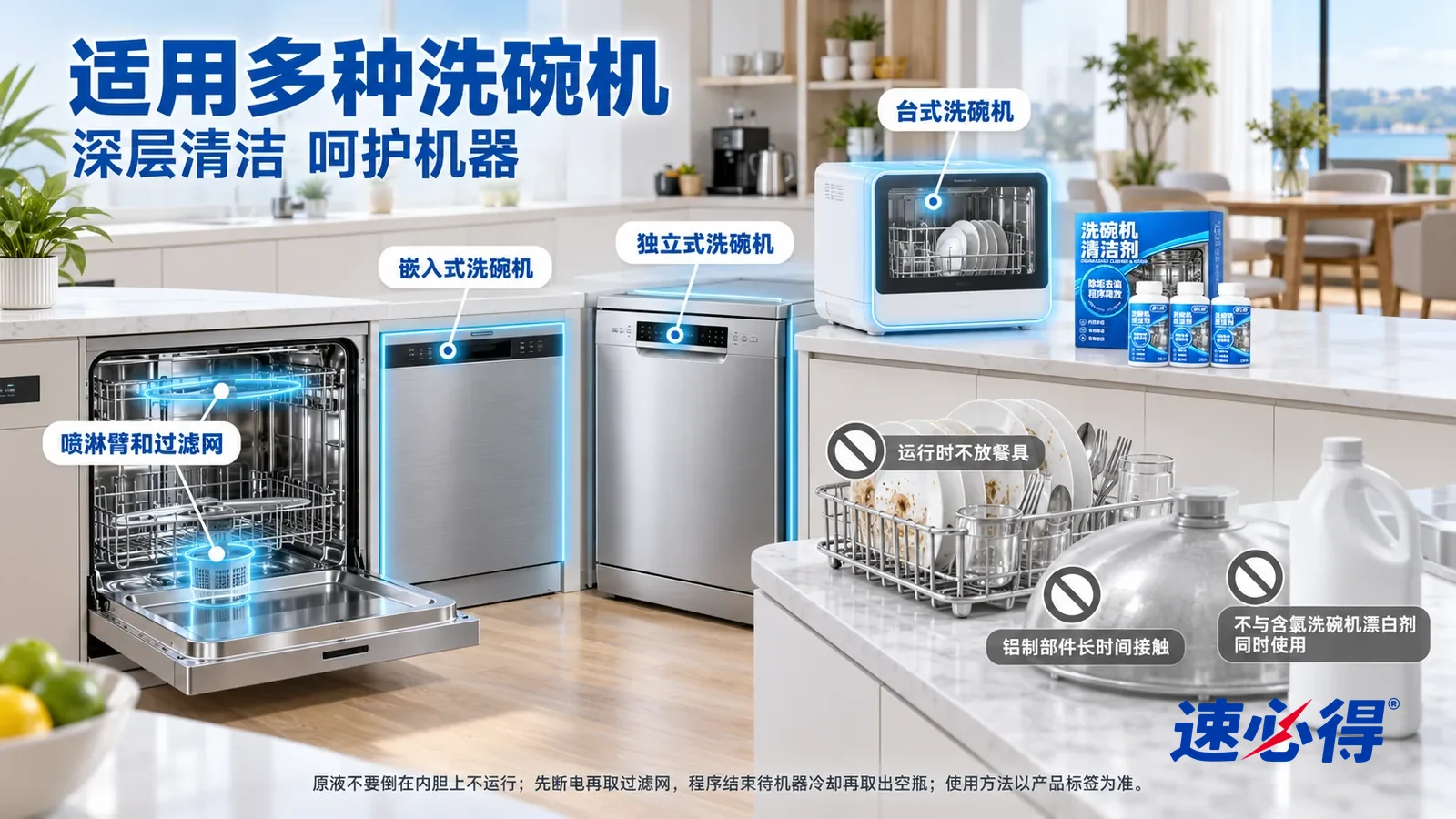 示意图：速必得洗碗机清洁剂——一张写实 3D 剖面实景图，一套明亮的家的厨房、餐厅和茶水间区域，连续空间、一个视角