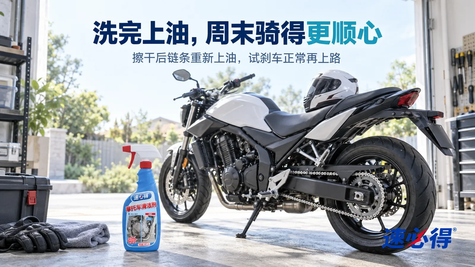 示意图：速必得摩托车清洁剂——清晨明亮的车库门口，一辆干净的街车（无车标、无车牌、无文字）停在干燥的水泥地上，链条油亮，车座上放着一只头盔；柔和晨光从门外斜照进来，标题“洗完上油，周末骑得更顺心”