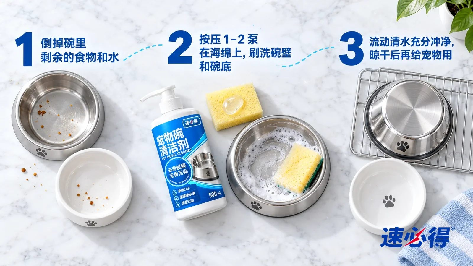 示意图：速必得宠物碗清洁剂——① 一只倒空的不锈钢宠物碗，碗底残留几粒粮渣，旁边一只倒空的陶瓷食碗；② 一块浅黄海绵，上面一小团透明清洁液，旁边一只内壁正被刷开
