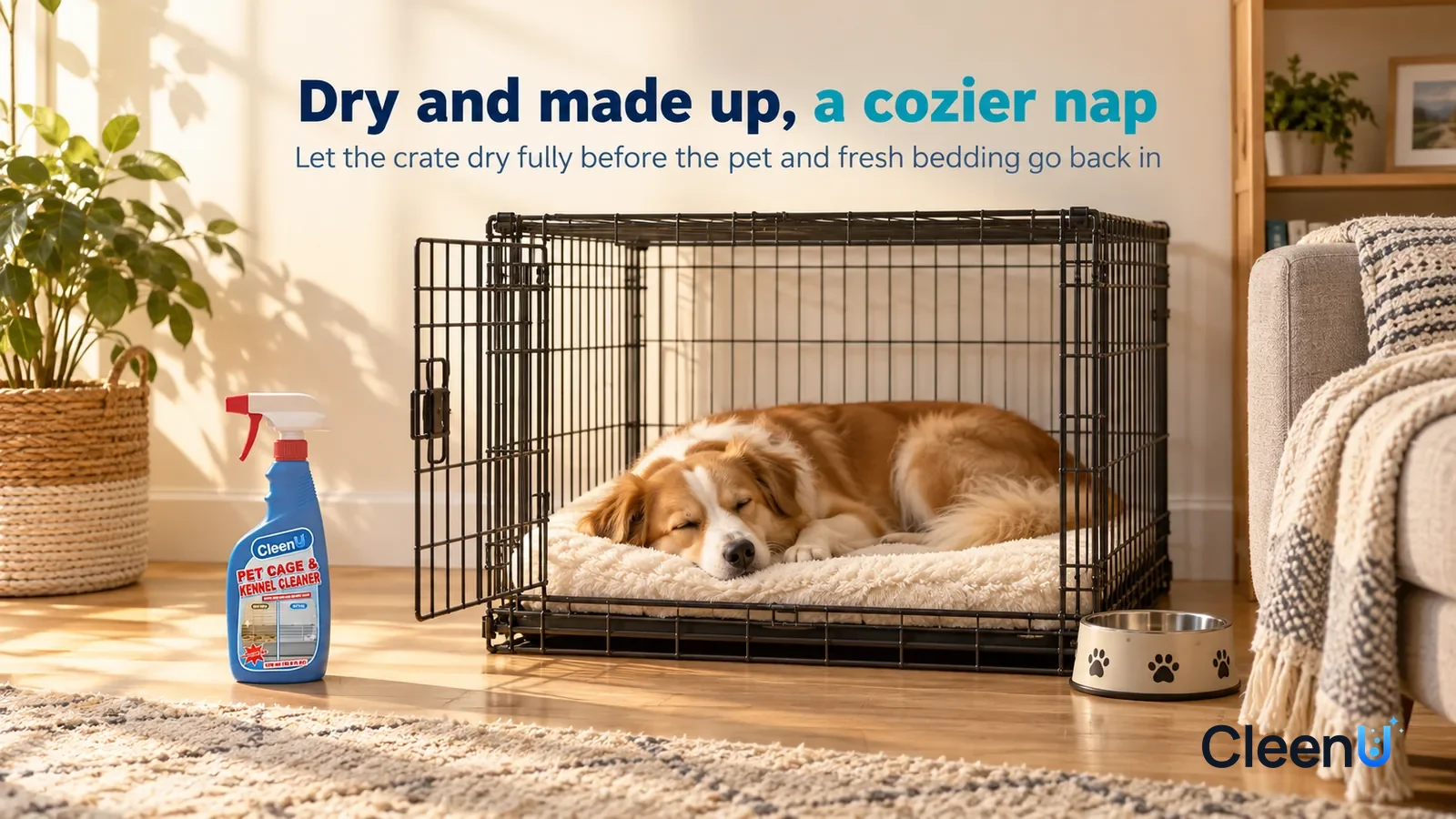 Illustration: CleenU Pet Cage & Kennel Cleaner — A bright afternoon corner of the living room, a clean dog crate with its door open, a fresh light-colored soft pad inside Headline: "Dry and made up, a