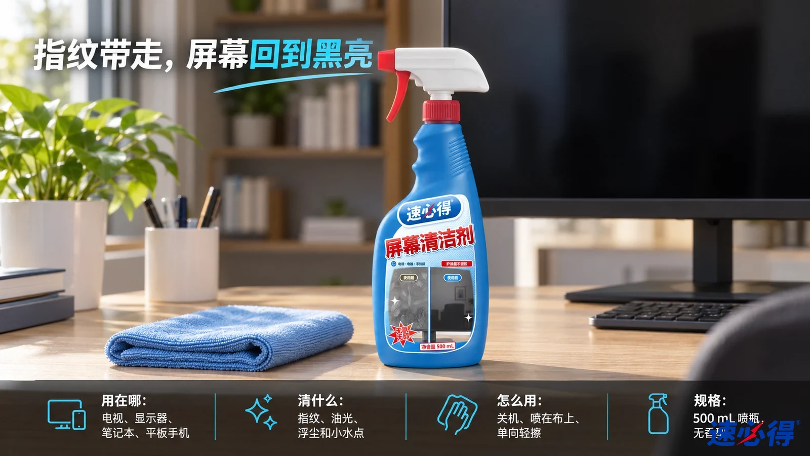 示意图：蓝色喷瓶与蓝色布摆在黑色显示器前的桌面上。