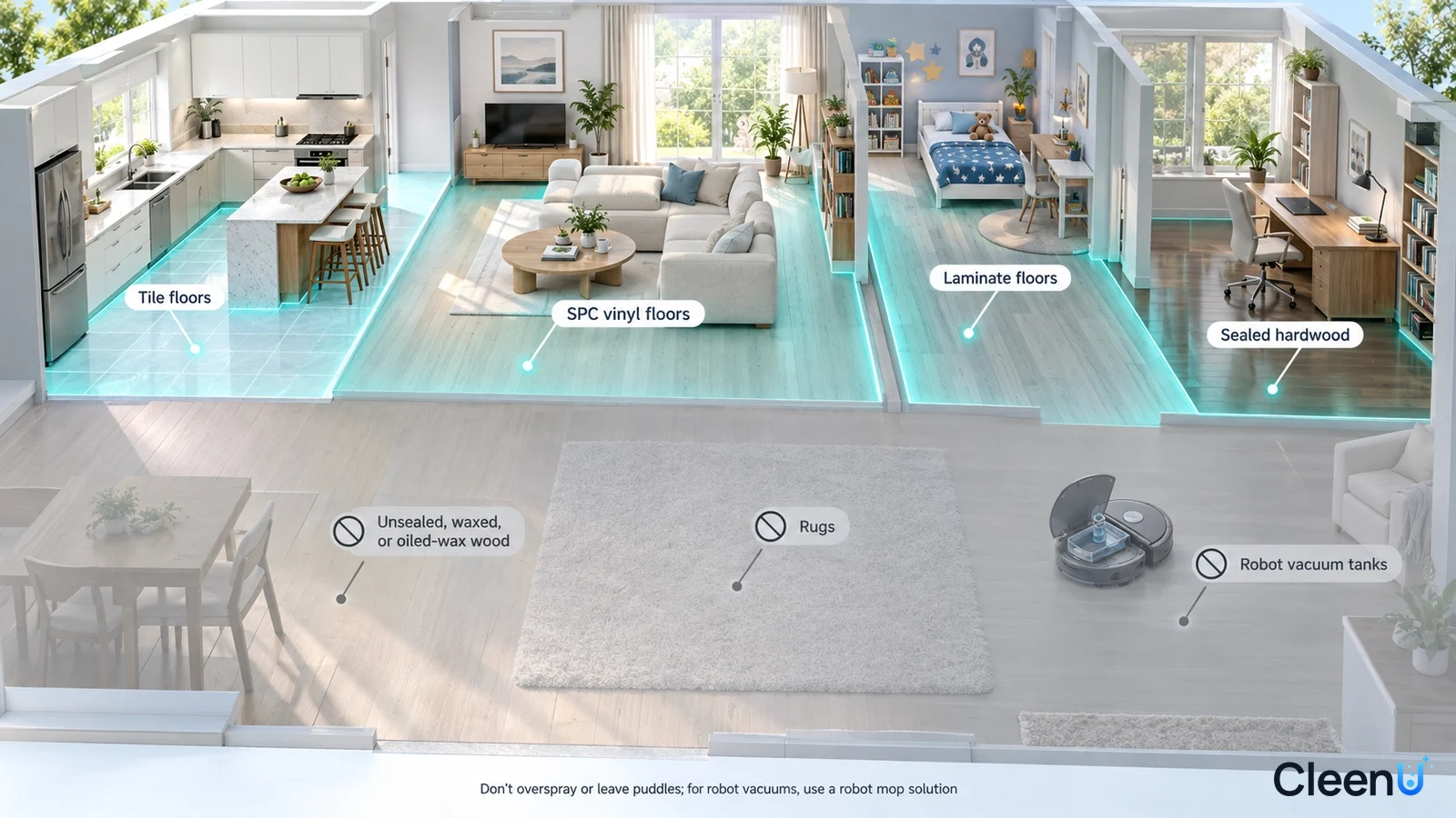 Illustration: Highlighted household floors beside material and equipment precaution icons.