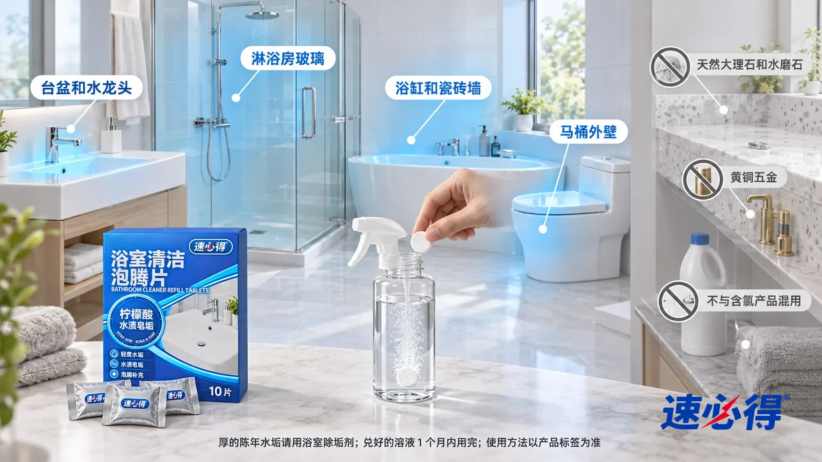 示意图:速必得浴室清洁泡腾片——一张写实 3D 剖面实景图,一套明亮的家的主卫和次卫,连续空间、一个视角:台盆和水龙头、淋浴房玻璃、浴缸和瓷砖墙