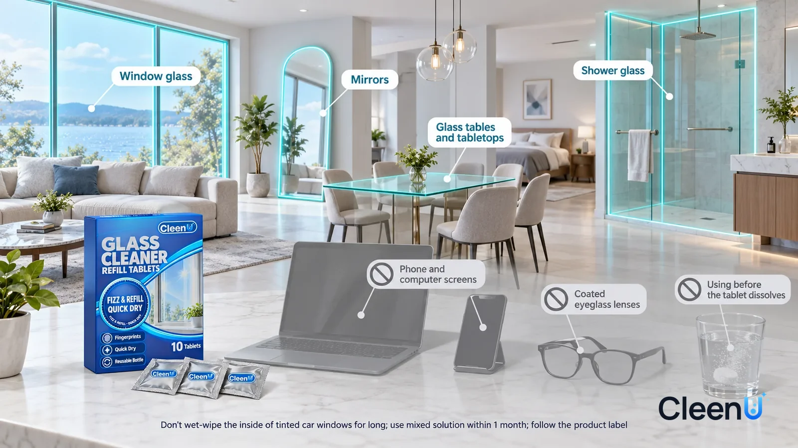 Illustration: CleenU Glass Cleaner Refill Tablets — A realistic 3D cutaway of a bright home's living room, dining room, bedroom, and bathroom