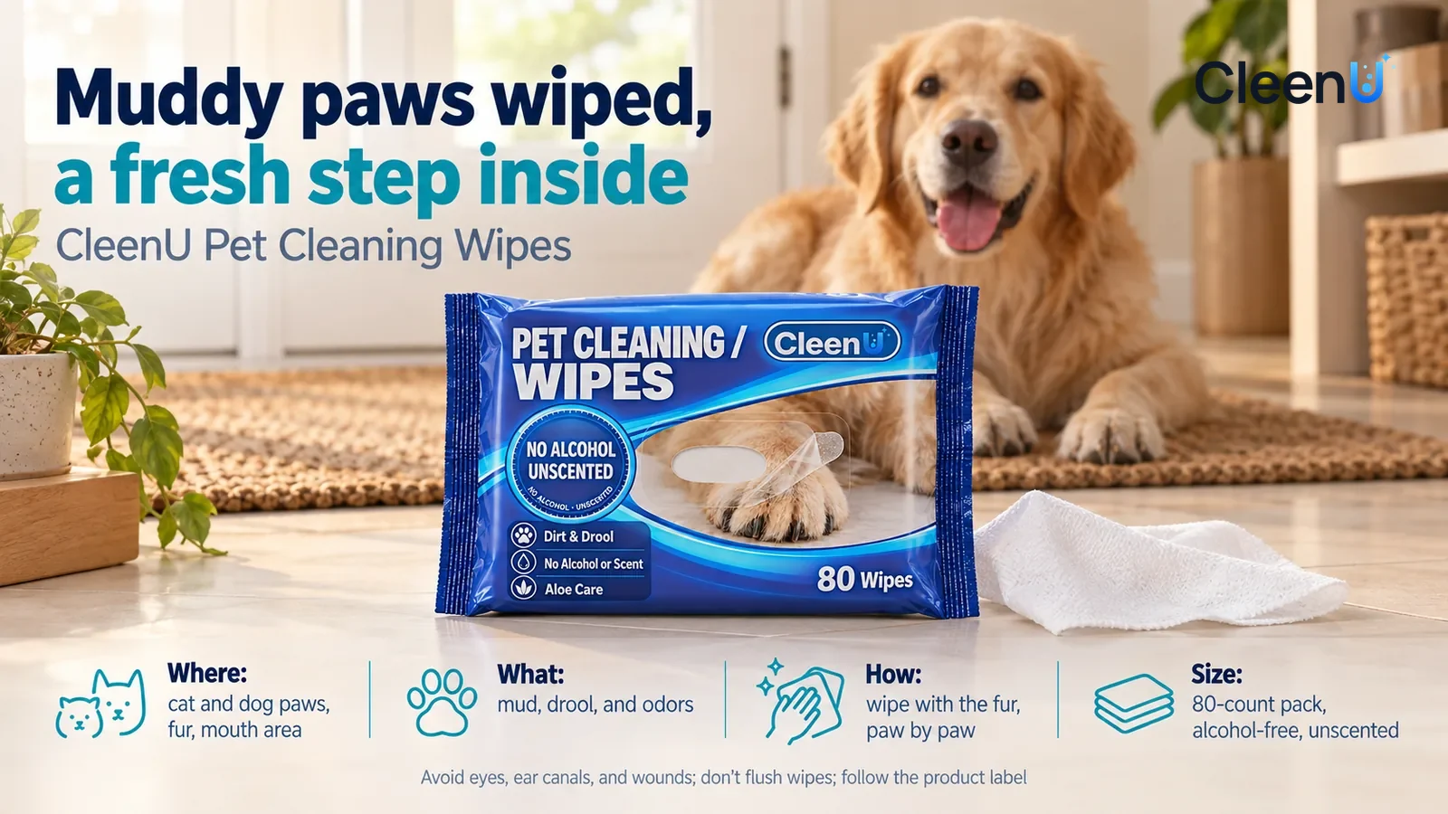 Illustration: CleenU Pet Cleaning Wipes, clear lid closed, sits centered on the entryway cabinet, a white wipe pulled out and folded beside it Headline: "Muddy paws wiped, a fresh step inside"
