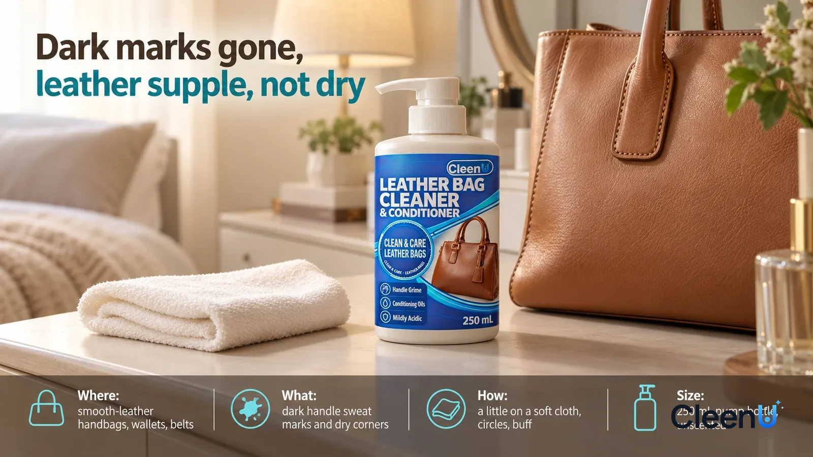 Illustration: CleenU Leather Bag Cleaner & Conditioner stands centered on the bedroom dresser, beside it a light tan smooth-leather tote (no brand marks) and a folded white soft cotto