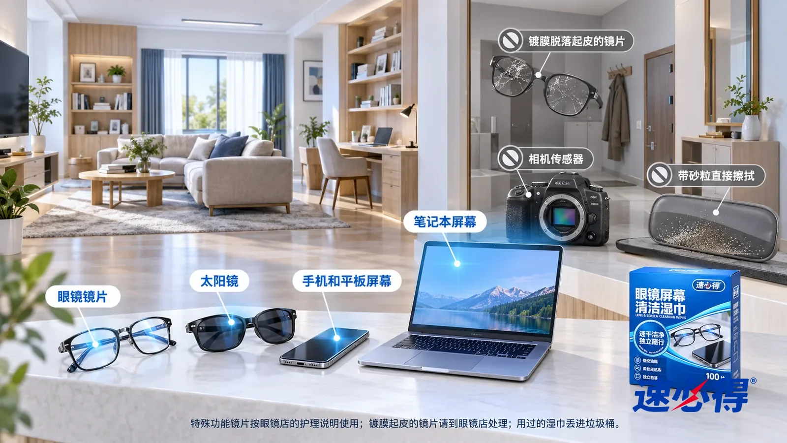 示意图:速必得眼镜屏幕清洁湿巾——一张写实 3D 剖面实景图,一套明亮的家的书房、客厅和玄关区域,连续空间、一个视角,本品按前述位置作为配角:眼镜、太阳镜、手机和平板